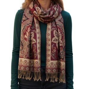 Pashmina Silk Blend Paisley Print Scarf Burgundy Shimmer Gold Reversible Fringe